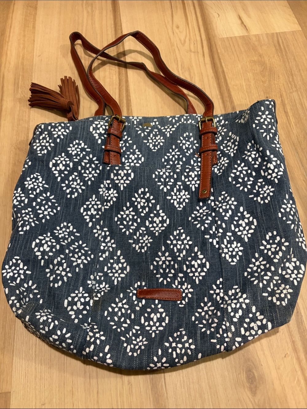 Lucky brand Blue denim Patterned Canvas Tote with Brown Trim - Women's Bag